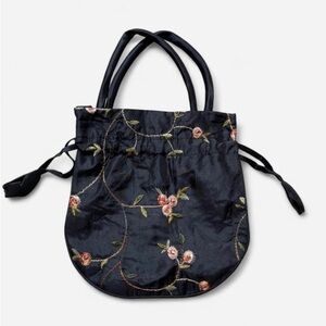 Y2k Black Mini Handbag with Floral Embroidery & Drawstring